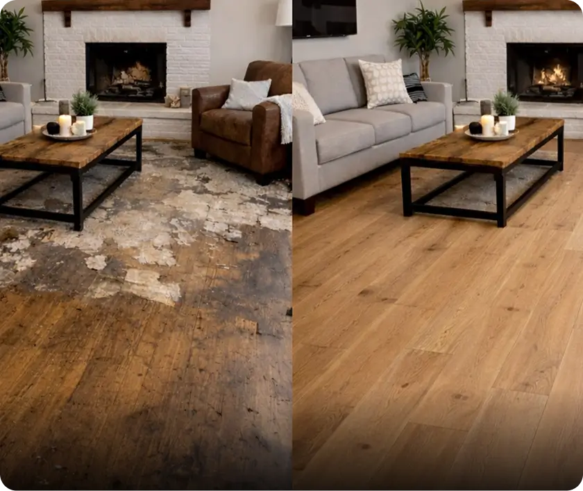 Before and after comparison of a damaged living room floor replaced with oak hardwood