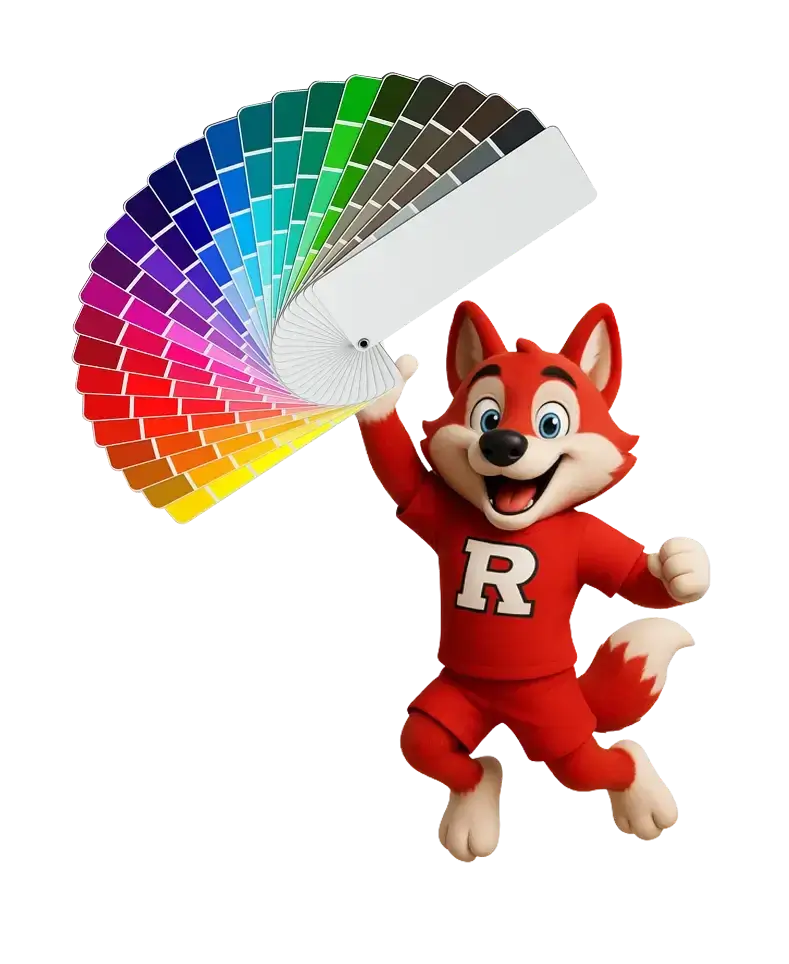 Cartoon red fox jumping while holding a large color swatch