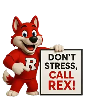 Fox mascot Rex pointing to a white sign reading Don't Stress, Call Rex!