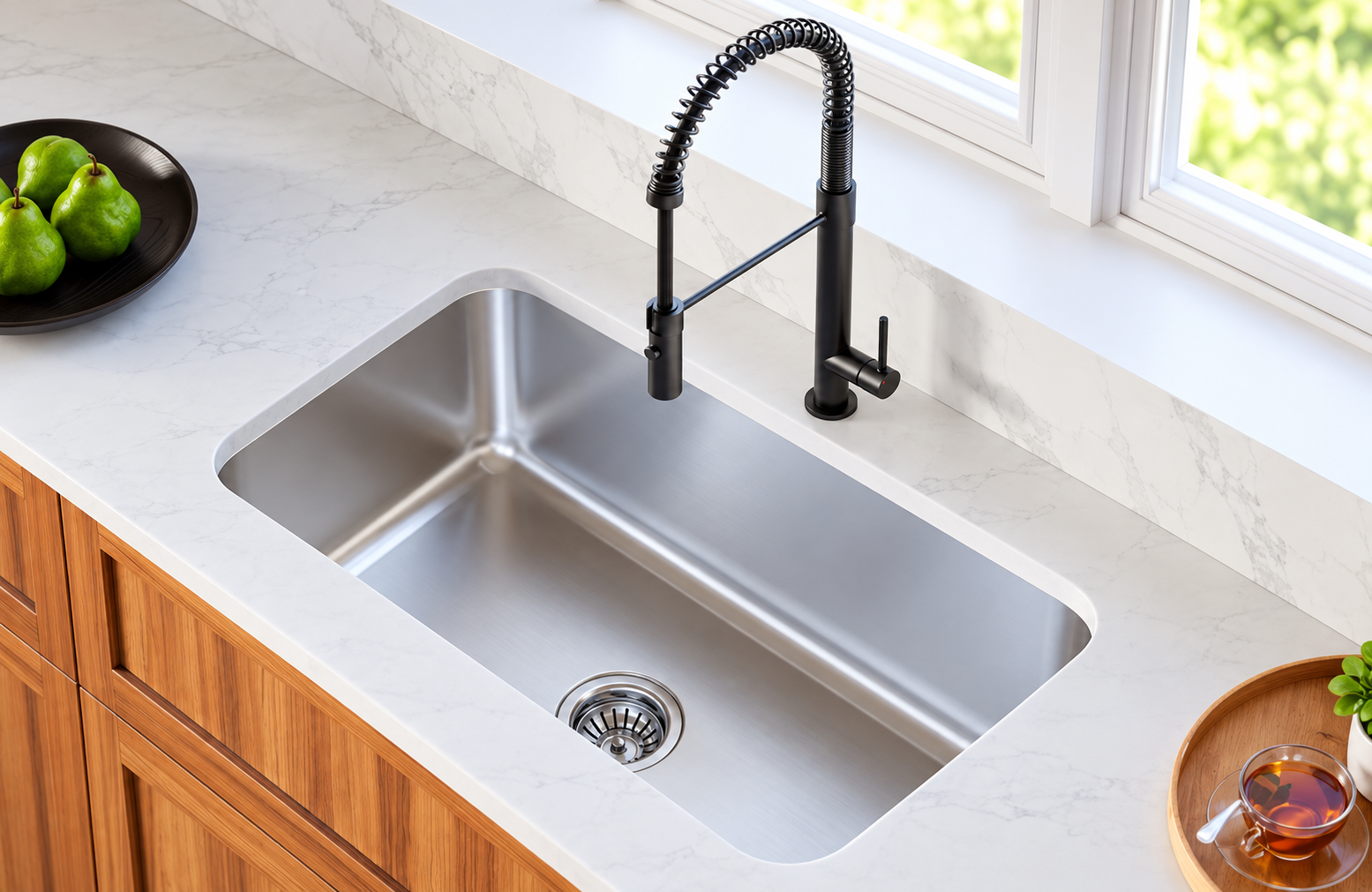 Modern Kitchen Sink with Green Pears and Tea