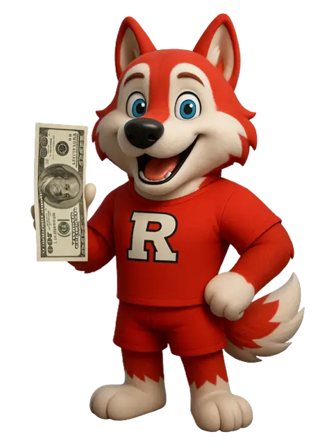 Raider Flooring fox mascot Rex smiling and holding up a one-hundred-dollar bill