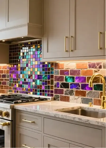 Small square glass tiles shift in color under the light, creating a bright rainbow effect