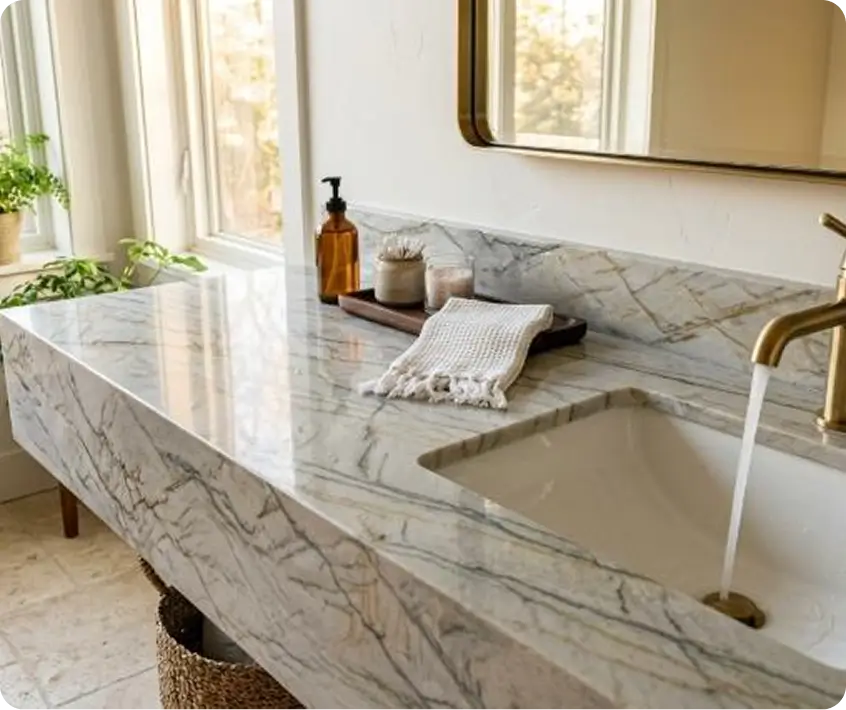 The drop-front edge creates the heavy, monolithic illusion of a solid stone block floating seamlessly on the wall