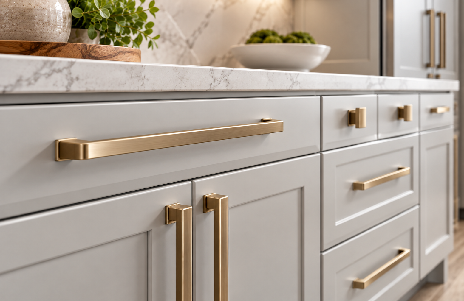Warm Brass Hardware on Light Shaker Cabinets