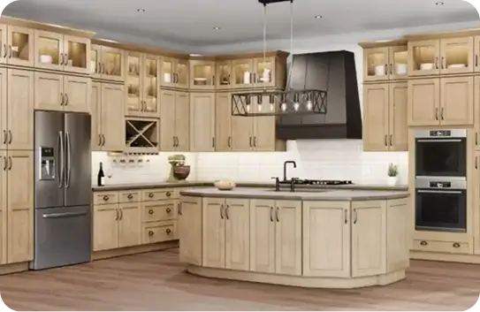 beautiful transitional kitchen showcase highlights the Shaker Honey cabinet line